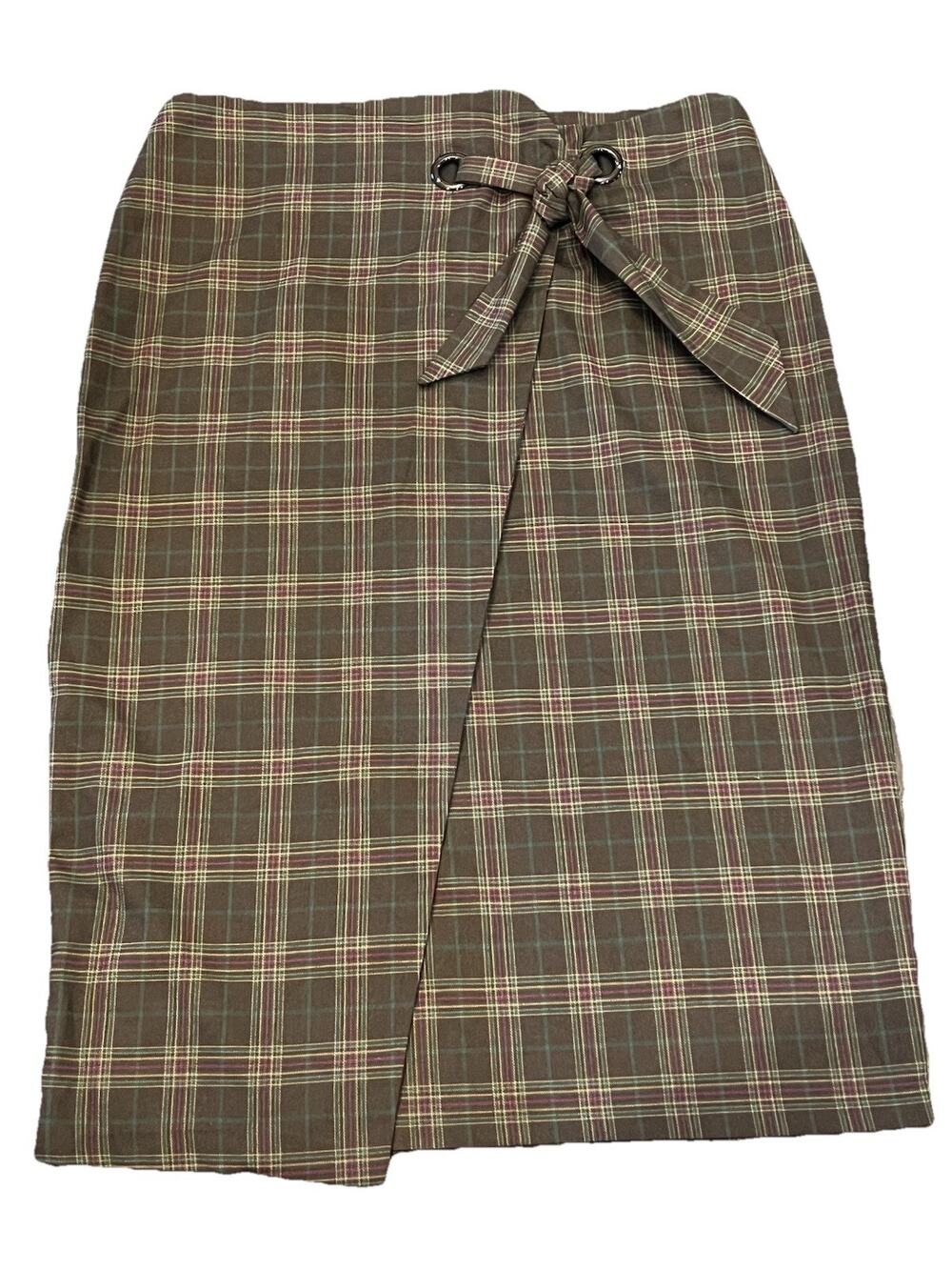 Vince Camuto Women’s Pencil Skirt Size 14 Gray Purple Green Plaid Faux Tie Waist